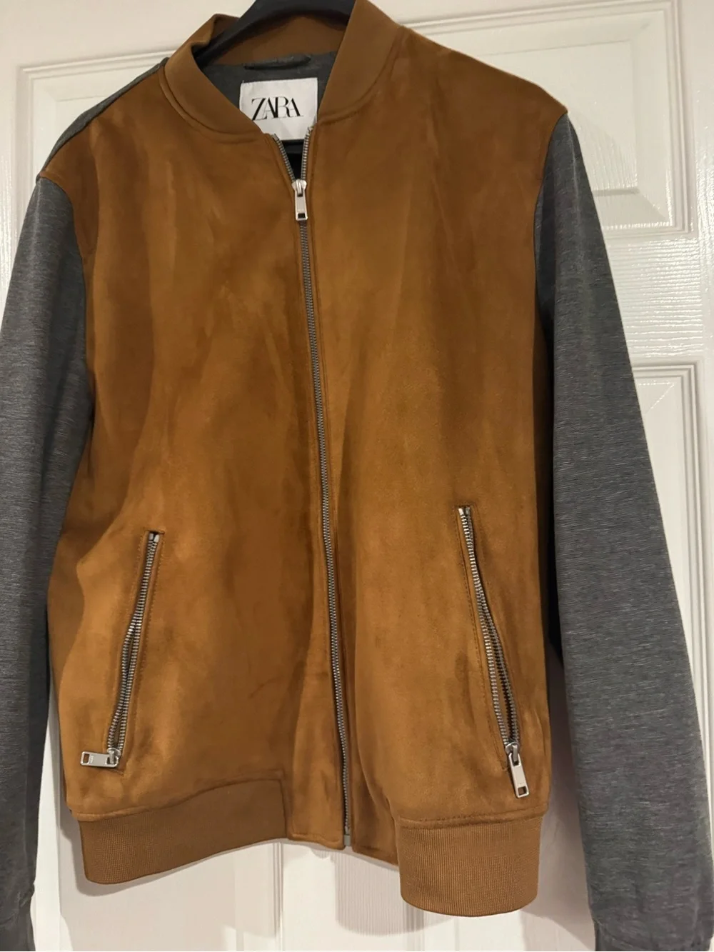 Zara Two-Tone Suede-Look Bomber Jacket in Camel and Grey